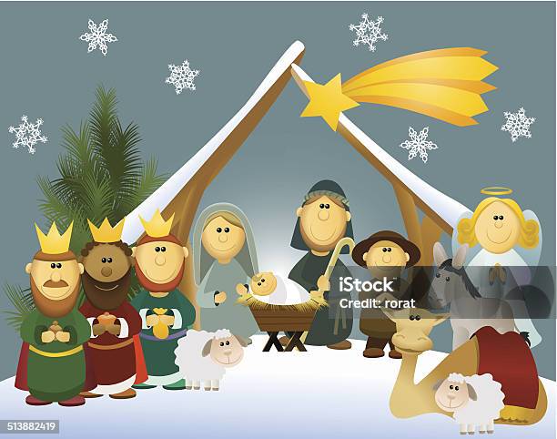 Cartoon Nativity Scene With Holy Family Stock Illustration - Download Image Now - Angel, Animal, Baby - Human Age