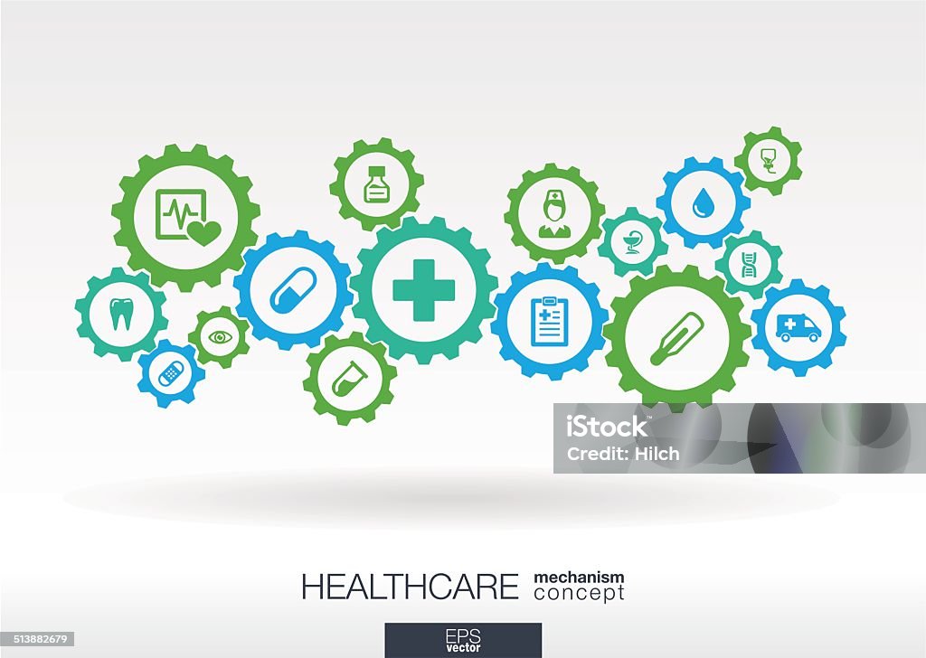 Healthcare mechanism concept. Abstract background with connected gears and icons for medical, health, care, medicine, network, social media and global concepts. Vector infographic illustration. Healthcare And Medicine stock vector