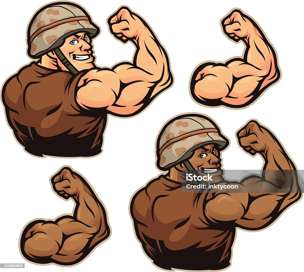 Military Flex Kit These military soldiers are flexing a single bicep pose. Great for any military soldier based design. Desert warfare outfit for Army, Marines, Navy and Air Force. Bicep stock vector