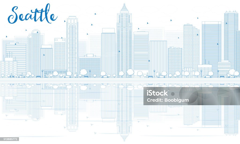 Outline Seattle skyline with blue buildings and reflections. Outline Seattle skyline with blue buildings and reflections. Vector illustration. Business travel and tourism concept with place for text. Image for presentation, banner, placard and web site. Blueprint stock vector