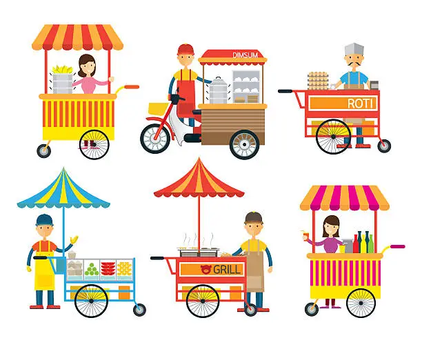 Vector illustration of Street Food and Drink, Hawker, Seller