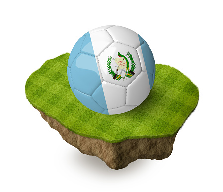 3d realistic soccer ball with the flag of Guatemala on a piece of rock with stripped green soccer field on it. See whole set for other countries.