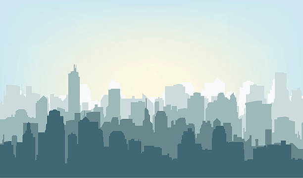 morning city silhouette. - şehir fotoğraflar stock illustrations