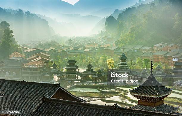 Early Morning Entrance Village Zhao Xing Rain And Wind Bridge Stock Photo - Download Image Now