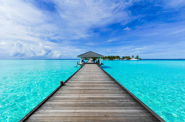 Boardwalk to paradise Boardwalk to a beach paradise island in maldives stock pictures, royalty-free photos & images