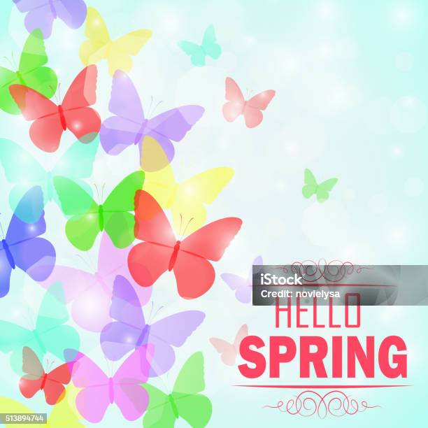 Colorful Butterflies Background With Text Hello Spring Stock Illustration - Download Image Now