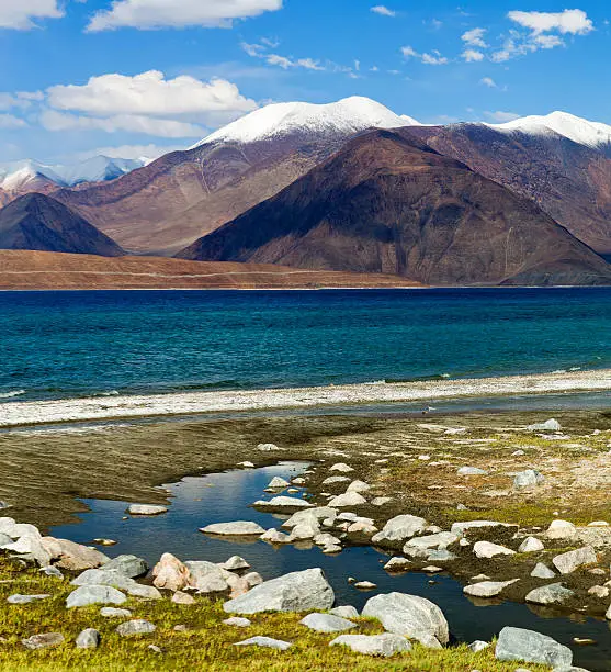 Panorama of Pangong Lake in Ladakh, Jammu and Kashmir State, India. Pangong Tso is an endorheic lake in the Himalayas situated at a height of about 4,350 m.