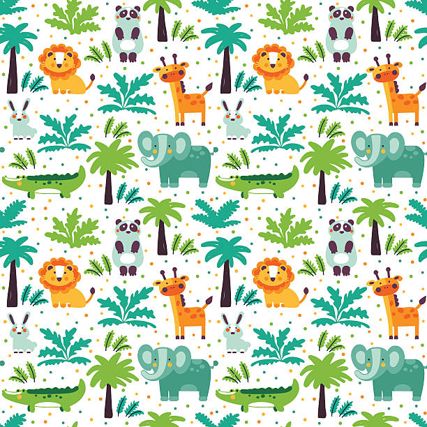 Funny animal seamless pattern made of wild animals in jungle Funny animal seamless vector pattern with white background made of wild animals in jungle. Perfect for cards, invitations, party, banners, kindergarten, preschool and children room decoration animal seamless stock illustrations