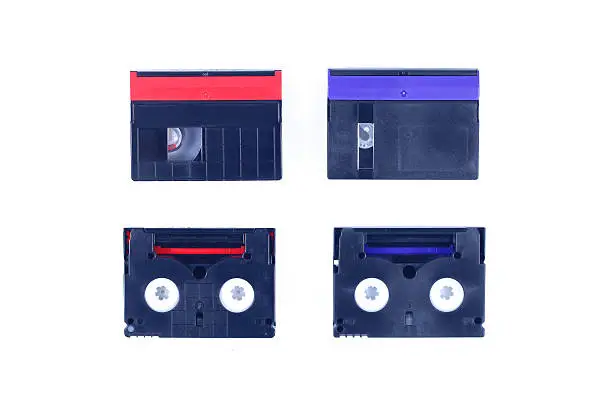 Photo of red and blue mini DV cassette