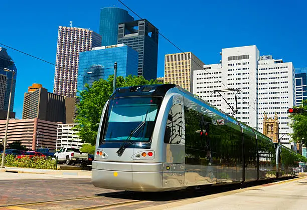 A Houston METRORail light rail train in Downtown Houston.