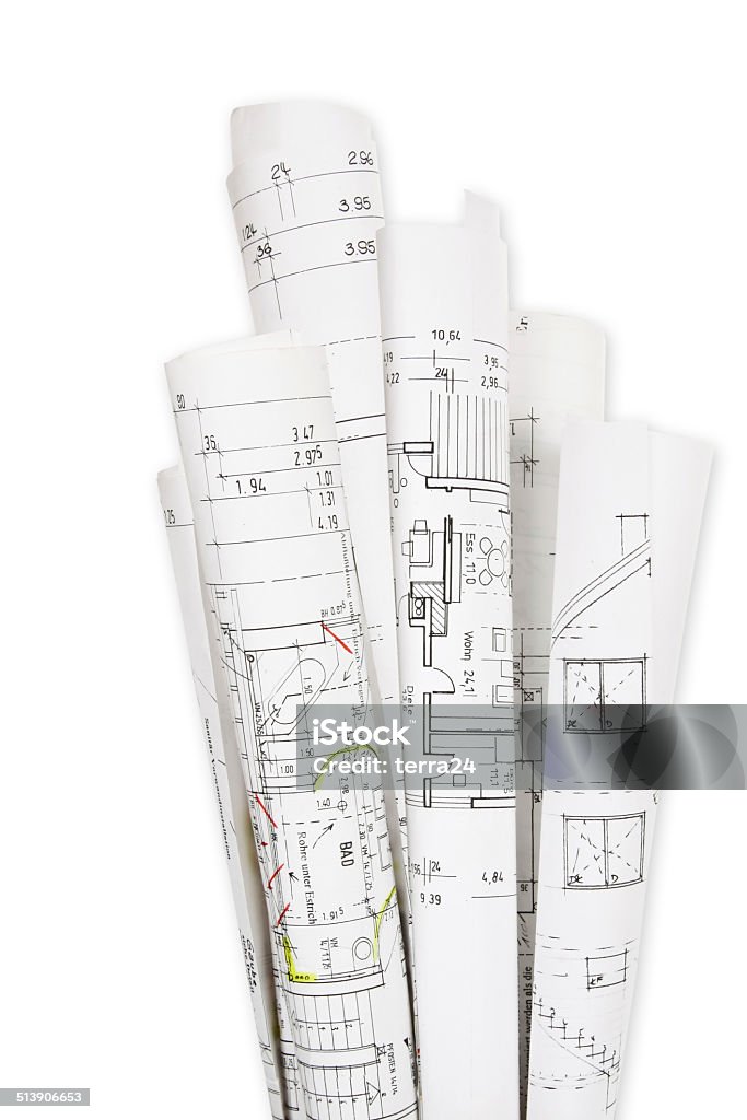 House building, building plans Building planes for a new house, isolated. Blueprint Stock Photo