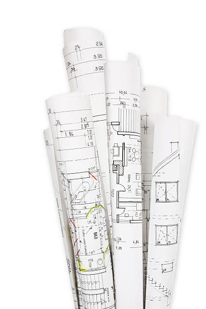 House building, building plans Building planes for a new house, isolated. rolled up stock pictures, royalty-free photos & images