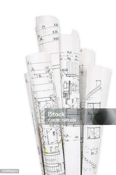 House Building Building Plans Stock Photo - Download Image Now - Blueprint, Plan - Document, Rolled Up