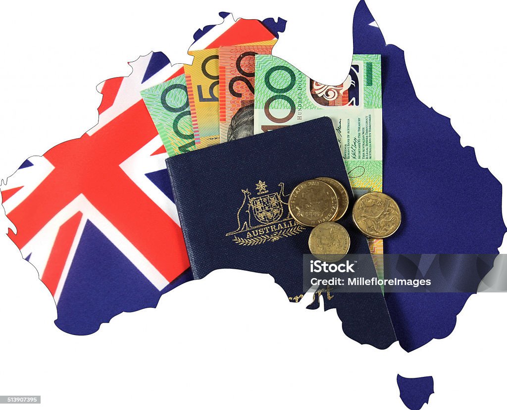 Map of Australia with Australian flag, passport and money Map of Australia with Australian flag, passport and money cash dollar notes and coins. Australia Stock Photo