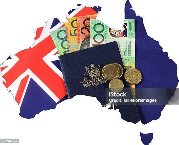 Map Of Australia With Australian Flag Passport And Money Stock Photo - Download Image Now