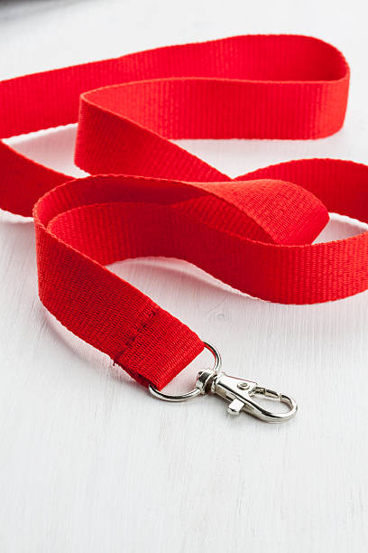 istock Red lanyard with metal carabiner. 513908285