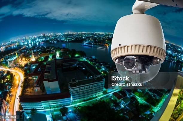 Cctv With Blur City In Background Fish Eye Perspective Stock Photo - Download Image Now