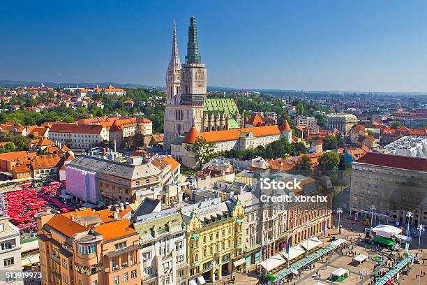 Zagreb Main Square And Cathedral Aerial View Stock Photo - Download Image Now - Zagreb, Croatia, Cathedral