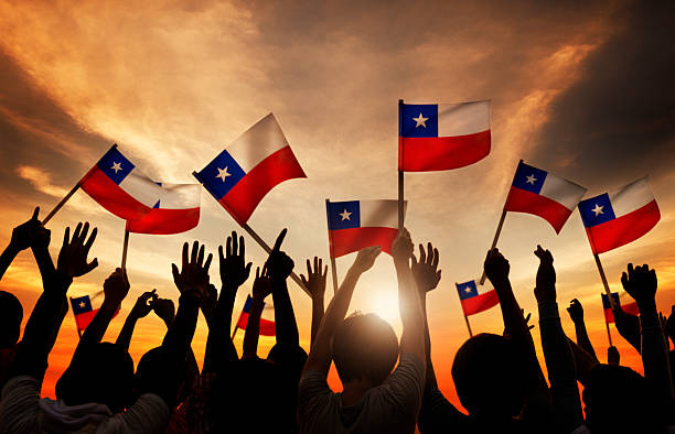 grupo de personas, agitando la bandera de chile - chilean ethnicity fotografías e imágenes de stock