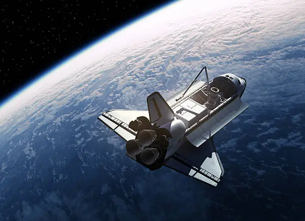 Space Shuttle Orbiting Earth. 3D Scene.