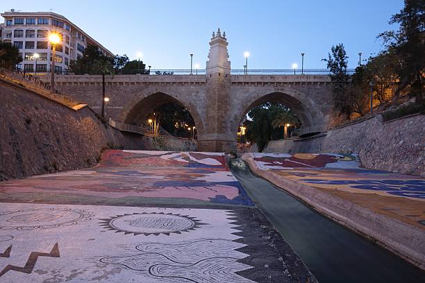Elche, Spain. March 2, 2016: Virgin Punte dusk in the city of Elche, from the Vinalopo river.