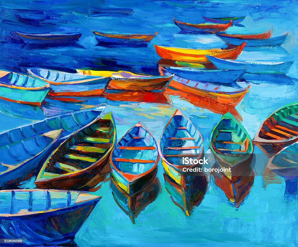 Boats Original oil painting of boats and sea on canvas.Sunset over ocean.Modern Impressionism Abstract stock illustration