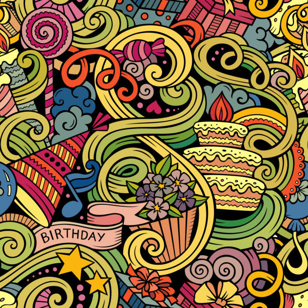 Cartoon hand-drawn doodles birthday theme seamless pattern Cartoon hand-drawn doodles on the subject holidays, birthday theme seamless pattern. Colorful detailed, with lots of objects vector background hyde park flowers stock illustrations