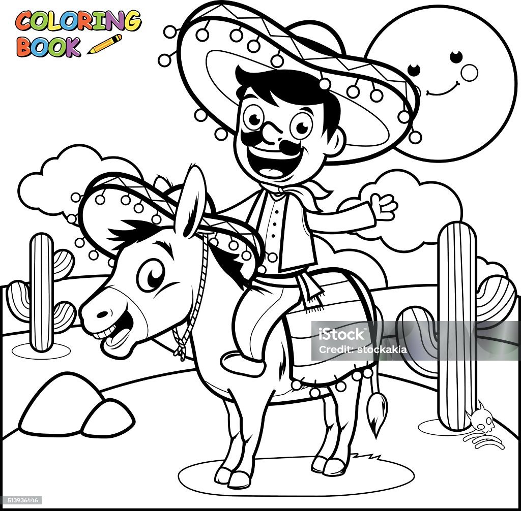 Mexican man riding a donkey coloring page Vector illustration of a cartoon Mexican man wearing a traditional costume and sombrero riding a donkey in the desert. Coloring book page. Mexican Culture stock vector