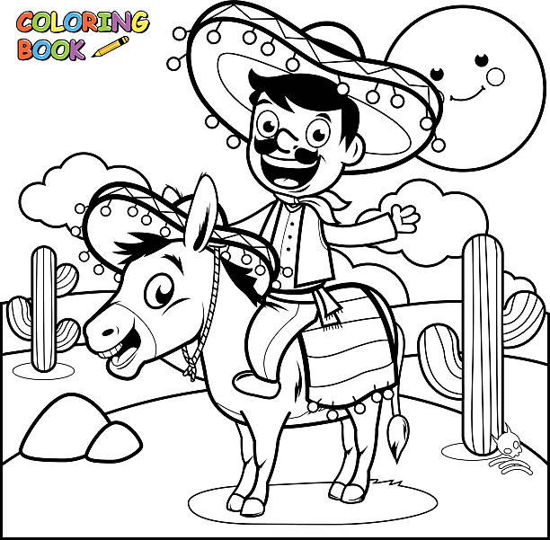 Mexican man riding a donkey coloring page Vector illustration of a cartoon Mexican man wearing a traditional costume and sombrero riding a donkey in the desert. Coloring book page. mexican mule stock illustrations