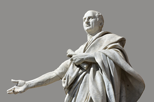 Cicero marble statue in front of Rome Old Palace of Justice (19th century), with grey background