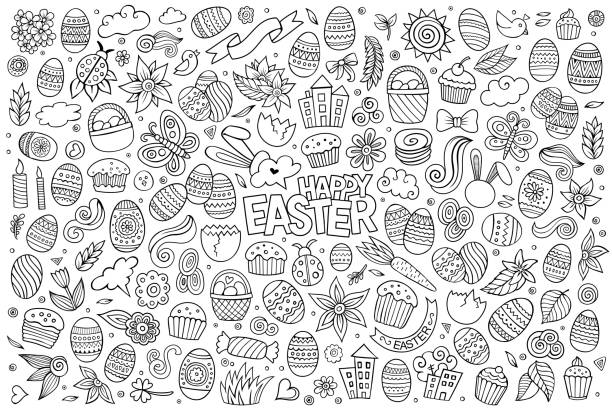 illustrations, cliparts, dessins animés et icônes de croquis de vecteur dessiné à la main en dessin animé objets de pâques et crayonnages - decoration eggs leaf easter