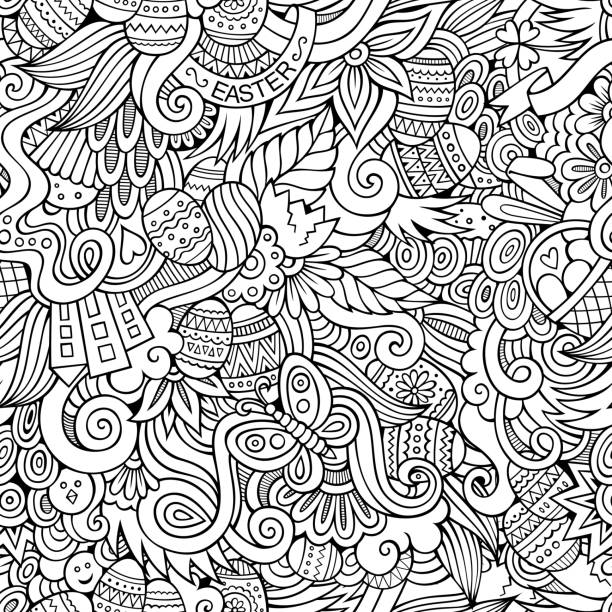 wielkanoc doodles wektor bezszwowe wzór - floral pattern butterfly easter easter egg stock illustrations