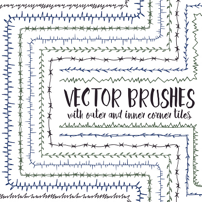 Set of 10 hand drawn vector pattern brushes with inner and outer corner tiles. Editable decorative elements for your design. Perfect for frames, dividers, borders, ornaments. Handmade ink illustration