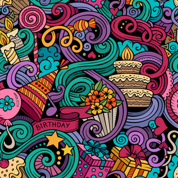 Cartoon hand-drawn doodles birthday theme seamless pattern Cartoon hand-drawn doodles on the subject holidays, birthday theme seamless pattern. Colorful detailed, with lots of objects vector background hyde park flowers stock illustrations