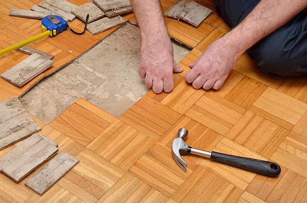 istock Man Removing Damaged Parquet in Apartment 513940196