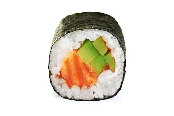 Sushi rolls with avocado, salmon and spicy sauce  isolated on white background.