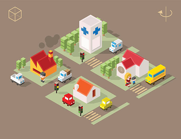 Town with Shadows. Set of Isolated Isometric Minimal City Elements. school sport high up tall stock illustrations