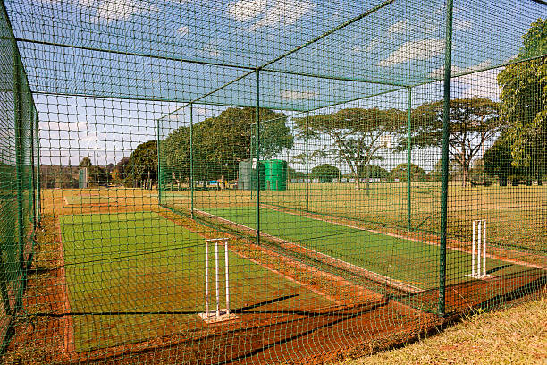 cricket práctica de los net - sport of cricket practicing cricket player net fotografías e imágenes de stock