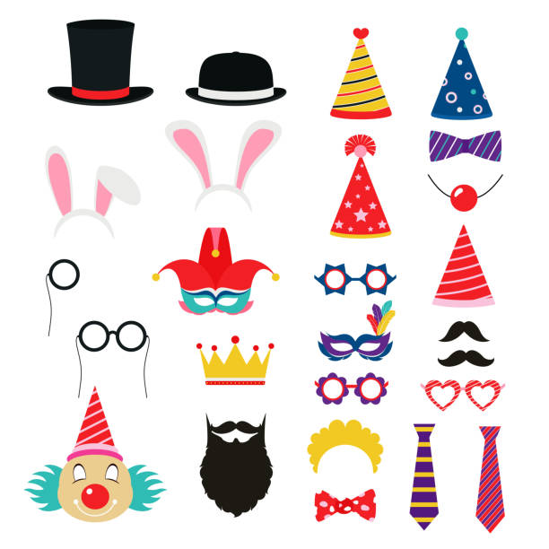 ilustrações, clipart, desenhos animados e ícones de celebração de festa de aniversário elementos de adereços. chapéus, óculos, máscaras, - coroa enfeites para a cabeça