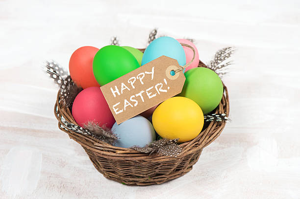 istock Easter eggs in basket with feather decoration 513949884
