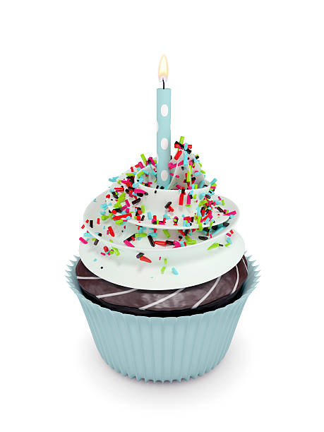 istock 3d sweet cupcake with candle isolated on white 513950120
