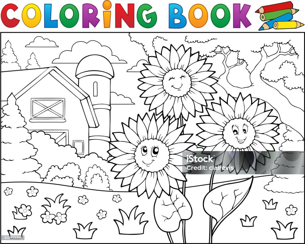 Coloring Book Sunflowers Near Farm Stock Illustration - Download Image