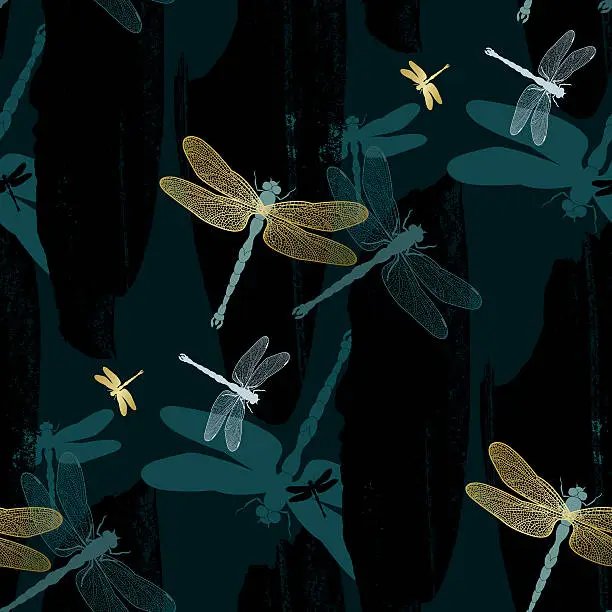 Vector illustration of Golden dragonflies on dark teal background (Seamless pattern kimono style)