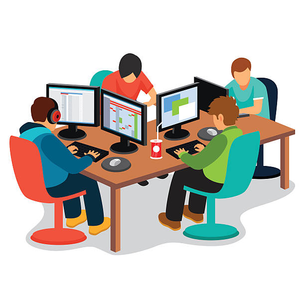 IT company at work IT company at work. Group of software developers people coding together sitting in front of their pc screens at the desk. Flat style vector illustration isolated on white background. game developer stock illustrations