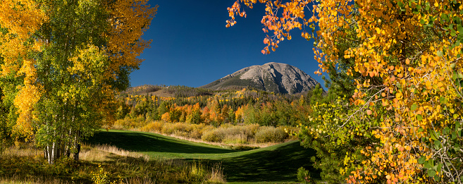 A panoramic image of Buffalo Mountain as seen from Silverthorne, Summit County, Colorado.