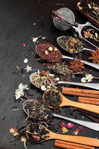 istock Aromatic flower tea in spoon. Top view. 513954866