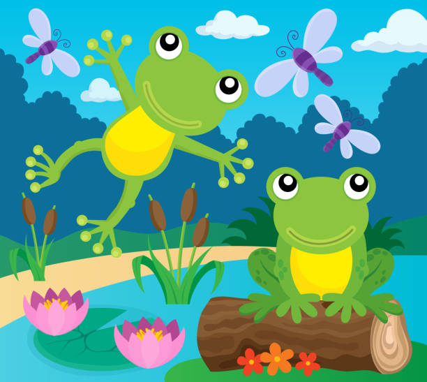 frosch thematische bild 1 - frog jumping pond water lily stock-grafiken, -clipart, -cartoons und -symbole