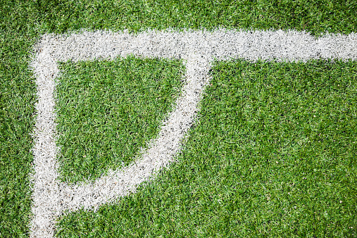Close-up of green grass on soccer field with white marking.
