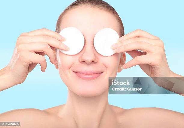 Beautiful Smiling Woman With Cotton Pads Stock Photo - Download Image Now - Eye, Cotton, Women