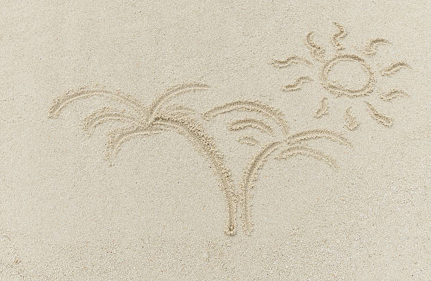 istock Sun and palm drawn on sand, travel background. 513959889